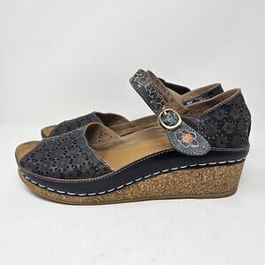 L'Artiste Spring Step Womens 42 Delphia Wedge Sandals Leather Black Floral